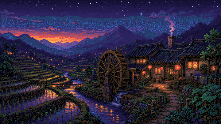 Farmtorio 像素风主视觉：星夜下的山谷农庄与水车